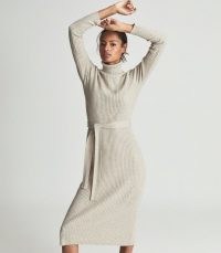 REISS KARA KNITTED BODYCON DRESS NEUTRAL ~ chic high neck rib knit tie waist dresses ~ womens sweater and jumper dresses ~ women’s autumn and winter fashion