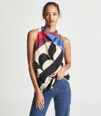 REISS KEELEY PRINTED SLEEVELESS TOP RED ~ high cowl neck tops ~ contemporary graphic prints ~ women’s chic modern look fashion