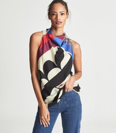 REISS KEELEY PRINTED SLEEVELESS TOP RED ~ high cowl neck tops ~ contemporary graphic prints ~ women’s chic modern look fashion