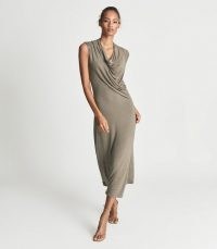 REISS LEANNE FINE JERSEY MIDI DRESS CAMEL ~ chic fluid fabric split hem occasion dresses