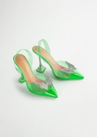 TONY BIANCO Lexus Lime Vinylite 10.3cm Heels – green clear embellished slingback pumps – martini glass heels – transparent flared high heel courts