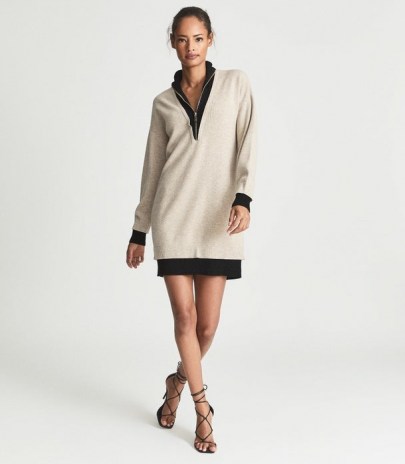 REISS MARCI ZIP NECK JUMPER DRESS NEUTRAL ~ chic knitwear ~ knitted colour block dresses