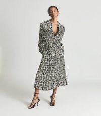 REISS MICAH FLORAL PRINTED MIDI DRESS BLACK / feminine long sleeve tie waist dresses