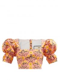 AGUA BY AGUA BENDITA Bambu puff-sleeve floral-print cotton crop top / pink cropped fitted bodice square neck tops