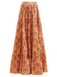 AGUA BY AGUA BENDITA Macadamia floral-print tiered cotton maxi skirt / pink floor sweeping skirts