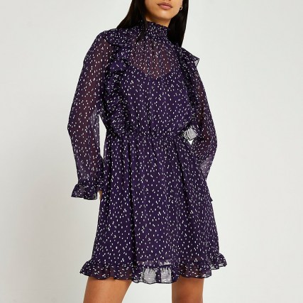 RIVER ISLAND Purple spot print waisted ruffle dress / high neck ruffled dresses