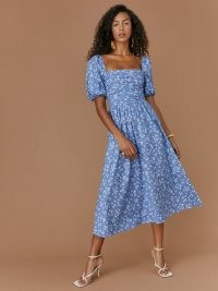 REFORMATION Rachelle Dress in Lassen / blue floral print square neck ruched bodice dresses