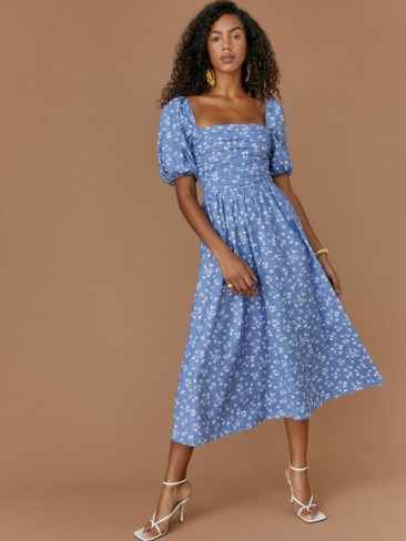 REFORMATION Rachelle Dress in Lassen / blue floral print square neck ruched bodice dresses