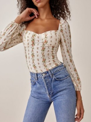 REFORMATION Reign Top Poppyseed / floral long sleeve fitted bust tops