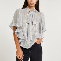 RIVER ISLAND Silver floral print tie neck blouse / waterfall ruffle sleeve pussy bow blouses / romantic style tops / feminine fashion