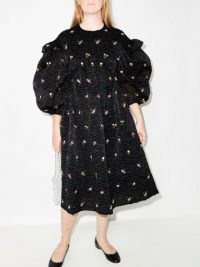 Simone Rocha black signature-sleeve midi dress / voluminous puff sleeve floral embroidered dresses / romantic fashion with volume / ruffle detail