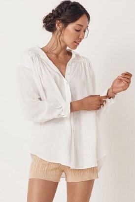 SPELL BASIC LINEN BLOUSE White / feminine gathered detail drop shoulder blouses / women’s summer shirts