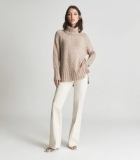 REISS STEVIE WOOL BLEND ROLL NECK NUDE ~ chic chunky knits ~ womens high neck dip hem jumpers