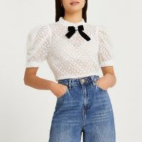 RIVER ISLAND White floral bow neck top / sheer puff sleeve tops / romantic style fashion