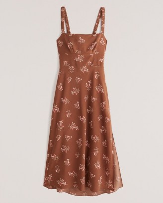 Abercrombie & Fitch Open Tie-Back Slip Midi Dress ~ sleeveless brown floral print slim fitting dresses