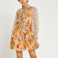 RIVER ISLAND Yellow floral printed mini dress / romantic ruffled mixed print dresses / romance inspired fashion