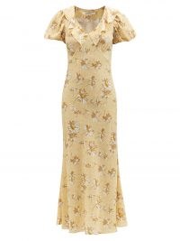 RODARTE Puff-sleeve daisy-print silk midi dress – yellow floral print ruffled V-neck collar dresses – vintage style fashion