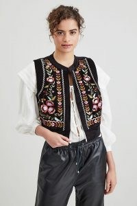 ANTHROPOLOGIE Corduroy Embroidered Waistcoat Black / womens floral waistcoats / folk inspired fashion