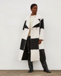 RIVER ISLAND Black & White RI Studio Borg Coat ~ womens retro monochrome checkerboard coats ~ women’s textured faux fur winter outerwear