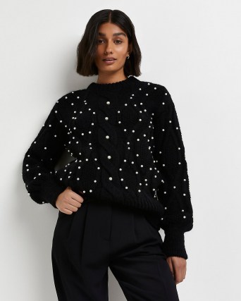 River Island Black embellished cable knit jumper | chunky pearl decorated jumpers | womens on-trend knitwear