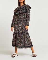 RIVER ISLAND Black floral high neck midi dress / vintage style tiered hem dresses / lace trimmed ruffled details