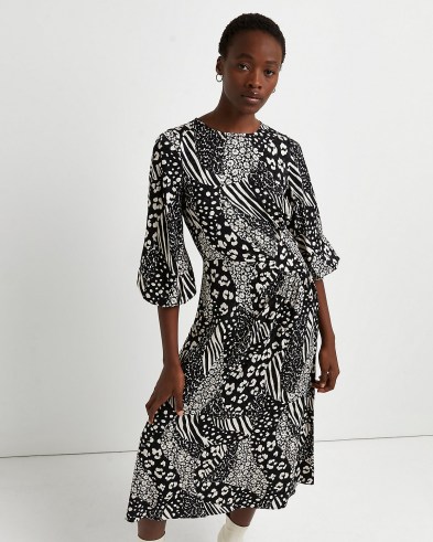 RIVER ISLAND Black floral ruched midi dress / monochrome mixed print dresses