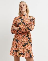 RIVER ISLAND Black floral ruched mini dress / gathered sleeve dresses