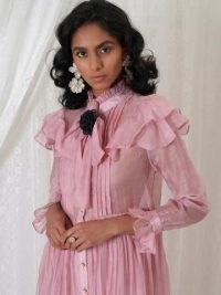 sister jane DREAM GRANDMA’S HOUSE Beatrice Organza Midi Dress Primrose Pink / high neck ruffle trim dresses / romantic style fashion / luxe vintage style clothing