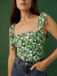 REFORMATION Ellora Top in Autumnal / green tie shoulder strap square neck tops