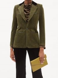 SAINT LAURENT Leather-trimmed green corduroy single-breasted jacket ~ womens chic cord jackets ~ women’s designer outerwear