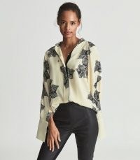 REISS HARRIS FLORAL-SKETCH PRINT SATIN BLOUSE IVORY – feminine drapey style blouses – womens fluid fabric tops