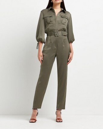 RIVER ISLAND Khaki belted jumpsuit ~ green utility style jumpsuits