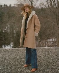 NILI LOTAN KNEE LENGTH LENON SHEARLING COAT BEIGE / women’s luxe winter coats / womens luxury designer outerwear