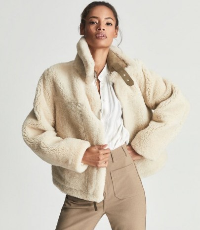 REISS MACEY REVERSIBLE SHEARLING AVIATOR JACKET TAN ~ womens luxe textured winter jackets