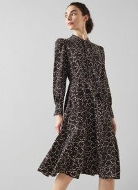 L.K. BENNETT MORTIMER BLACK AND WHITE FLORAL PRINT WOOL-BLEND DRESS / long sleeve fit and flare tea dresses