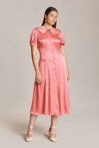 GHOST OLIVIA DRESS in Pink ~ vintage style short sleeve satin dresses ~ oversized scalloped collar