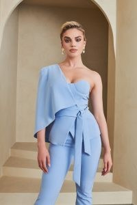Lavish Alice one shoulder cape jacket in cornflower blue – contemporary asymmetric jackets ~ luxe style going out fashion
