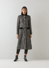 L.K. BENNETT OSBORNE BLACK AND WHITE TWEED COAT ~ womens chic belted velvet trimmed winter coats