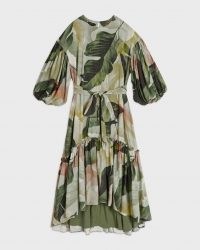 TED BAKER JULIYE Oversized palm print belted midaxi dress / floaty leaf print tiered hem dresses