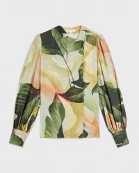 TED BAKER EMIILEE Palm print statement sleeve blouse / leaf print asymmetric front button blouses