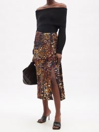 ALTUZARRA Tandy printed-satin skirt ~ fluid fabric split hem skirts ~ autumn colours