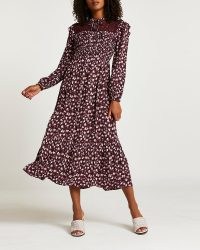 RIVER ISLAND Purple floral shirred midi dress / tie neck tiered hem dresses