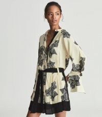 REISS VIVYIAN FLORAL-SKETCH PRINT SATIN DRESS / luxe feminine style tie waist dresses