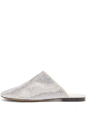 BOTTEGA VENETA Crystal-embellished suede backless loafers ~ womens luxe flat loafer mules ~ women’s shoes covered with pink and blue crystals