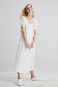 Sleeper Brigitte Midi Dress in White / daisy print puff sleeve linen dresses / square neck / feminine floral fashion