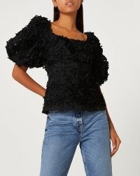 RIVER ISLAND BLACK 3D FLORAL TOP / romantic puff sleeve flower applique tops