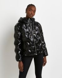 RIVER ISLAND Black RI monogram embossed puffer coat ~ high shine padded coats ~ womens patent finish winter jackets