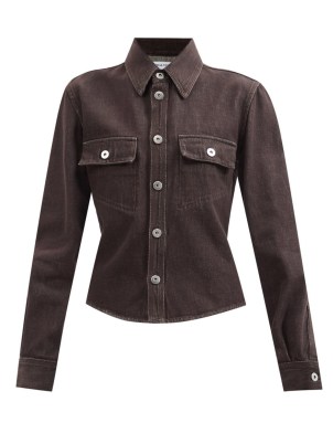 BOTTEGA VENETA Flap-pocket brown denim shirt | womens tailored style curved hem shirts