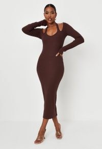 carli bybel x missguided chocolate rib cut out shoulder midi dress – brown cutout and halterneck detail bodycon dresses