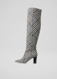 L.K. BENNETT COURTNEY BLACK AND WHITE CHECK FABRIC OVER-THE-KNEE BOOTS ~ Prince of Wales checked boots